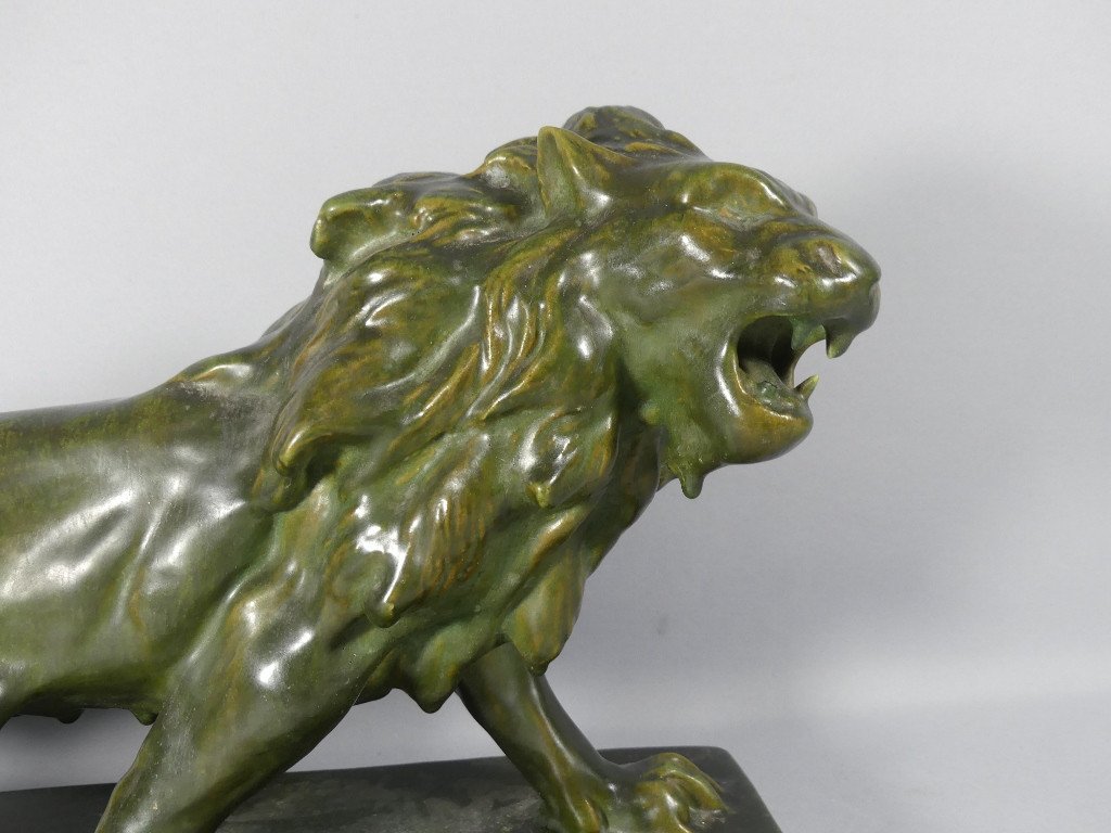 The Lion, Green Glazed Terracotta, Sculpture Mid 20th Century-photo-3