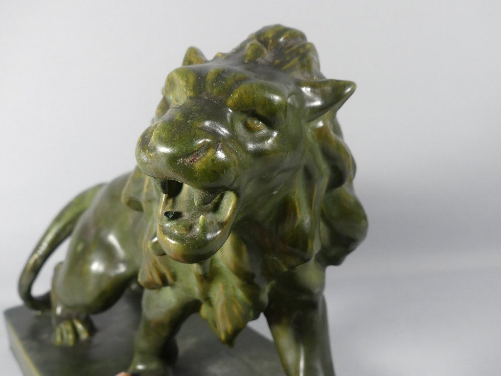 The Lion, Green Glazed Terracotta, Sculpture Mid 20th Century-photo-2