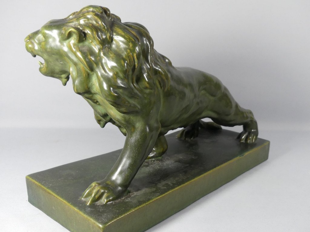 The Lion, Green Glazed Terracotta, Sculpture Mid 20th Century-photo-3