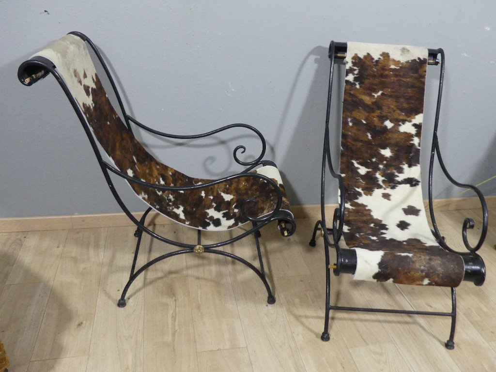 Paire De Fauteuils Fer Forgé Façon Chaises Longues Et Peau De Vache, époque XX ème-photo-4