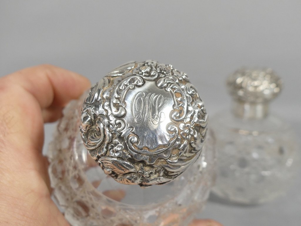 Paire De Flacons à Parfum En Verre Taillé Diamant Et Argent Massif, Londres -photo-2