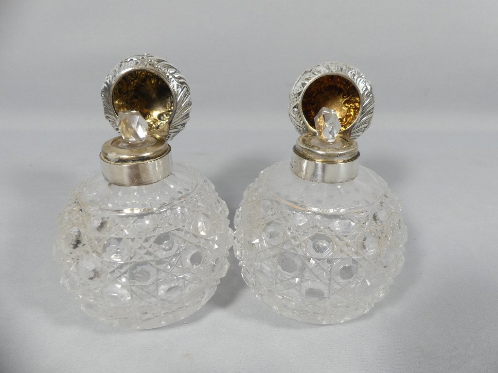 Paire De Flacons à Parfum En Verre Taillé Diamant Et Argent Massif, Londres -photo-4