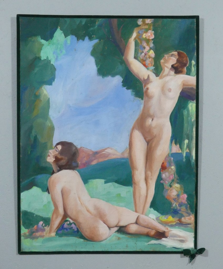 Les Baigneuses, Grand Tableau Huile Sur Toile Art Déco, Femmes Nues 1930 