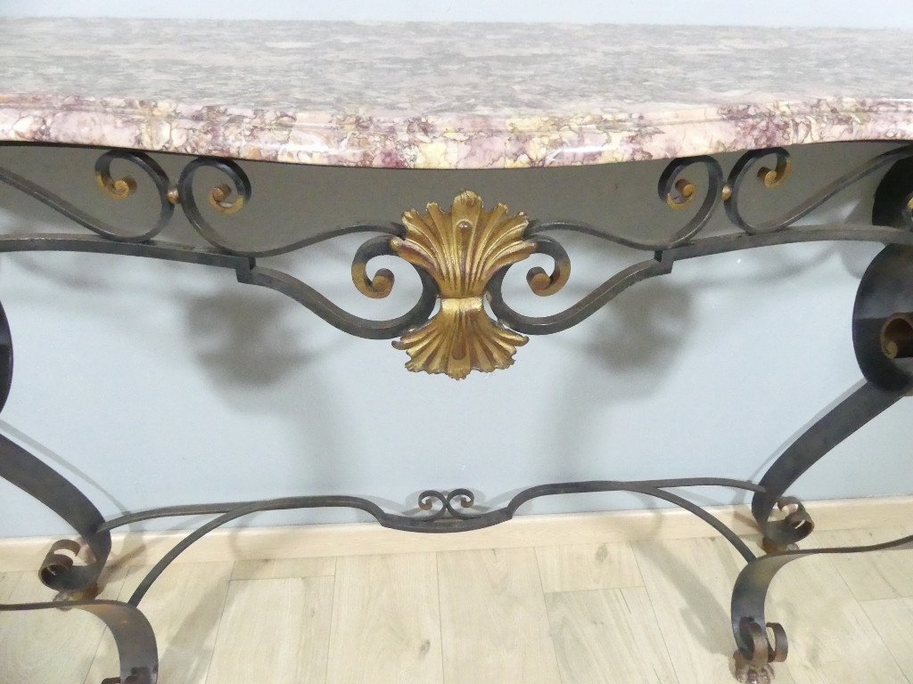 Grande Console Style Louis XV à 4 Pieds En Fer Forgé Et Marbre, époque 1960-photo-2