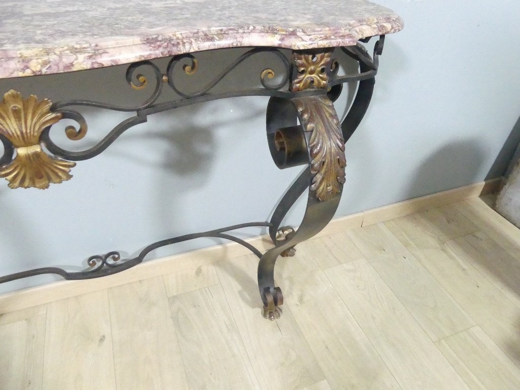 Grande Console Style Louis XV à 4 Pieds En Fer Forgé Et Marbre, époque 1960-photo-3