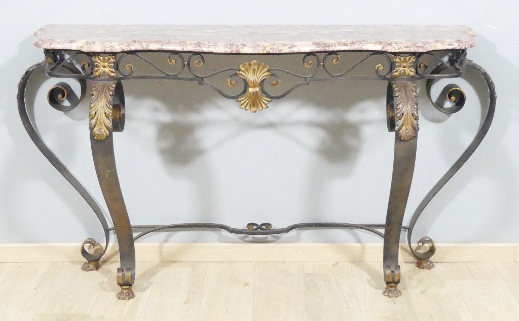 Grande Console Style Louis XV à 4 Pieds En Fer Forgé Et Marbre, époque 1960