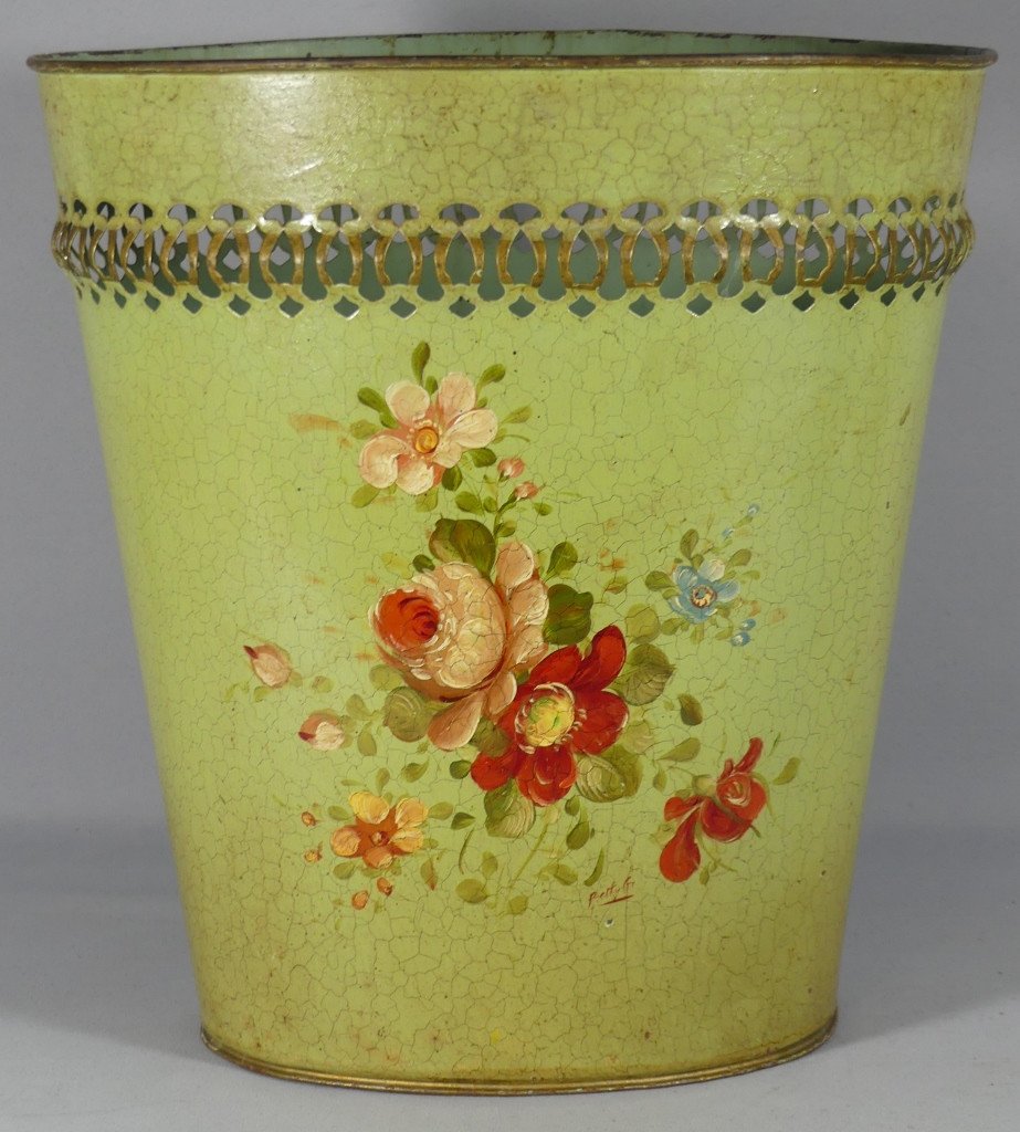 Napoleon III Style Flower Painted Sheet Metal Waste Paper Basket, Mid-20th Century-photo-2