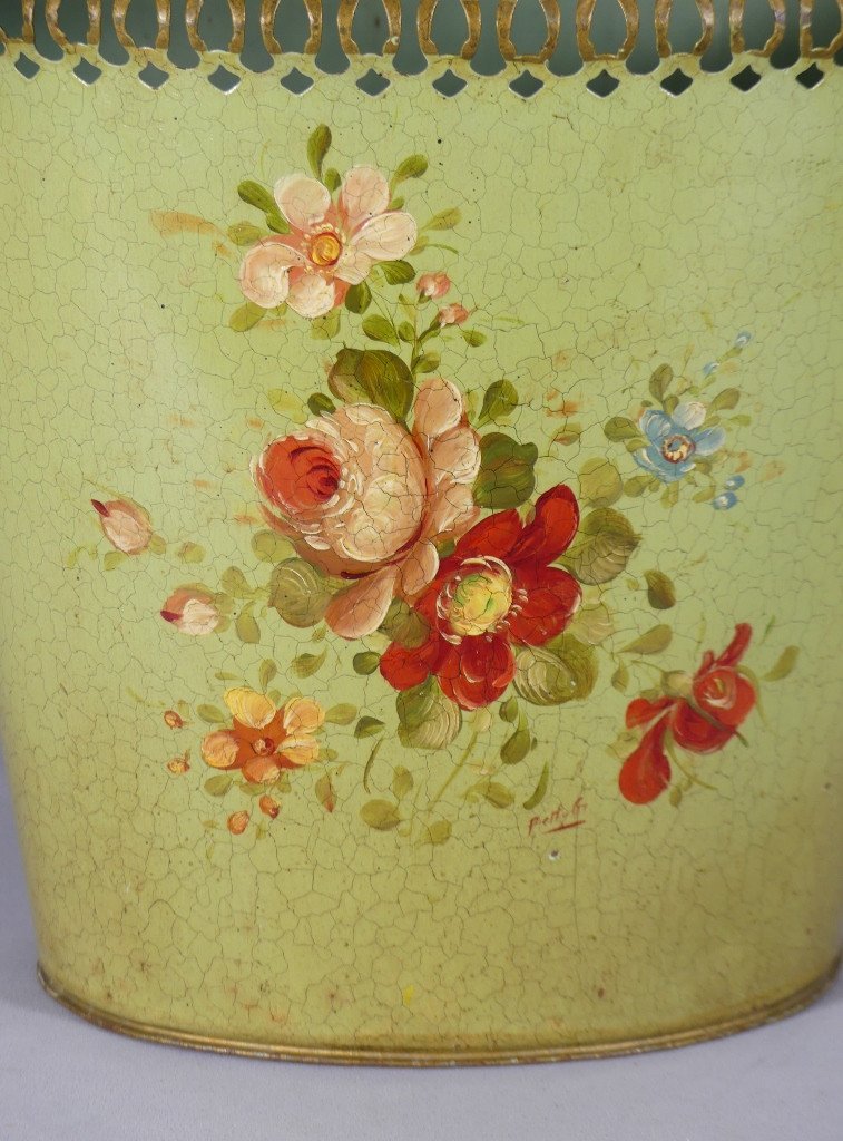 Napoleon III Style Flower Painted Sheet Metal Waste Paper Basket, Mid-20th Century-photo-3