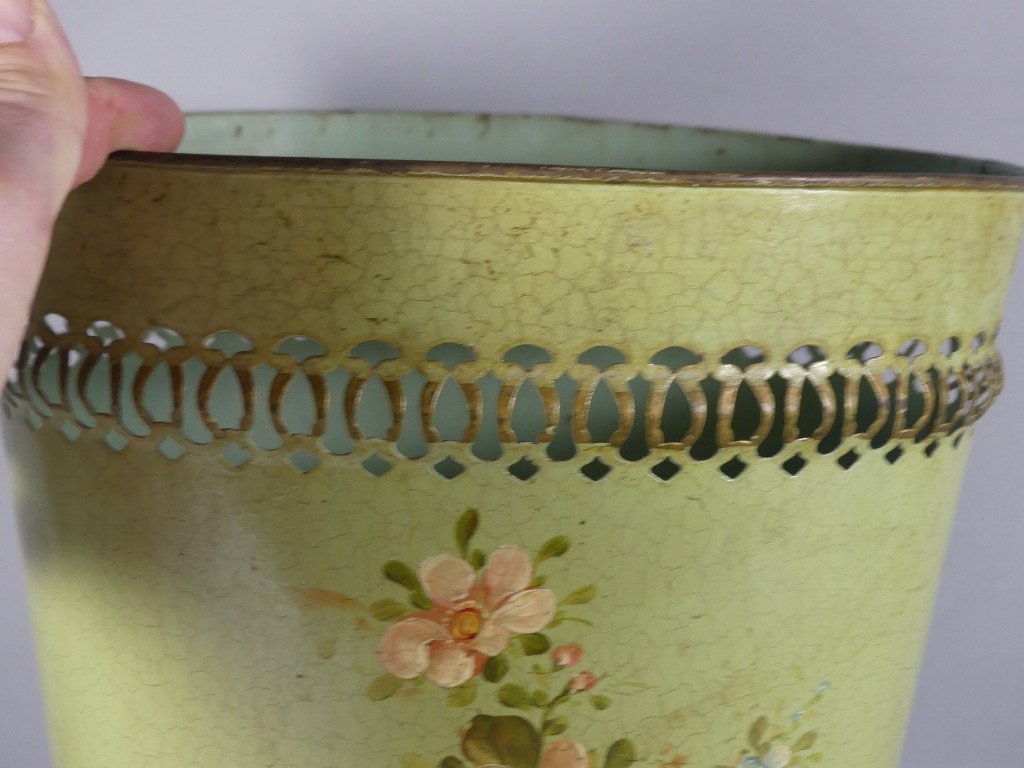 Napoleon III Style Flower Painted Sheet Metal Waste Paper Basket, Mid-20th Century-photo-1