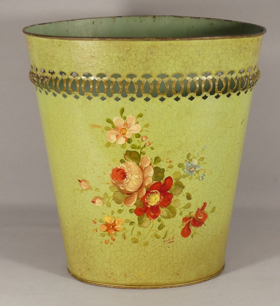 Napoleon III Style Flower Painted Sheet Metal Waste Paper Basket, Mid-20th Century