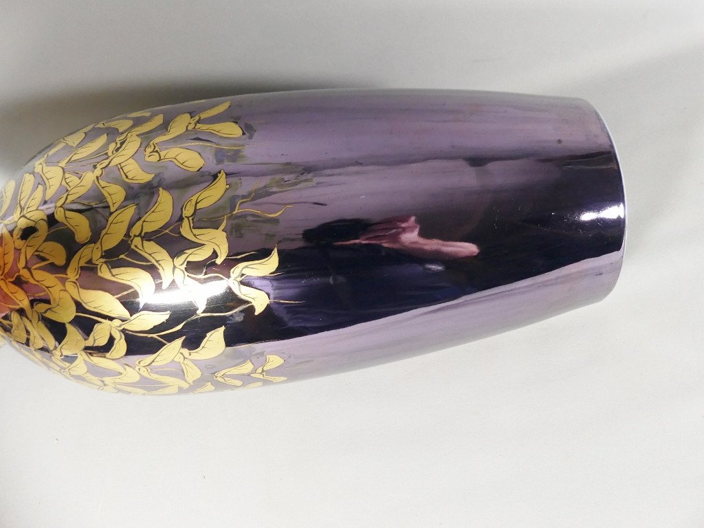 Tr&egrave;s Grand Vase En Porcelaine &agrave; La Glycine D&eacute;cor Dor&eacute; Sur Fond Violet Lustr&eacute;, Limoges D&eacute;but XX -photo-3