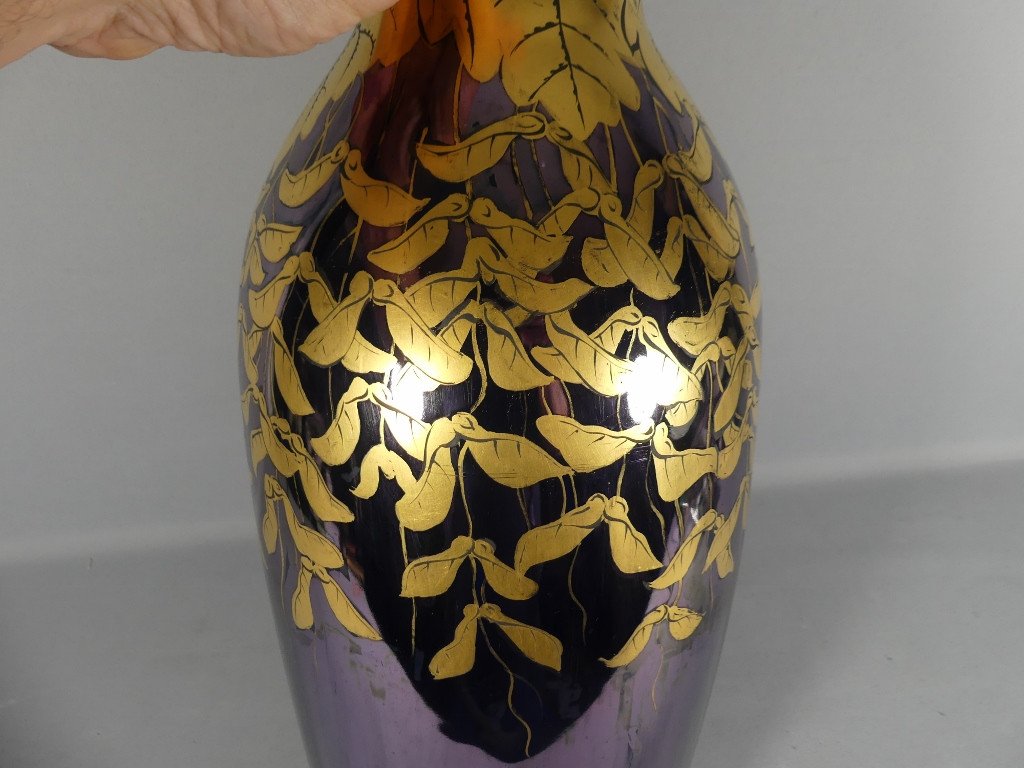 Tr&egrave;s Grand Vase En Porcelaine &agrave; La Glycine D&eacute;cor Dor&eacute; Sur Fond Violet Lustr&eacute;, Limoges D&eacute;but XX -photo-6