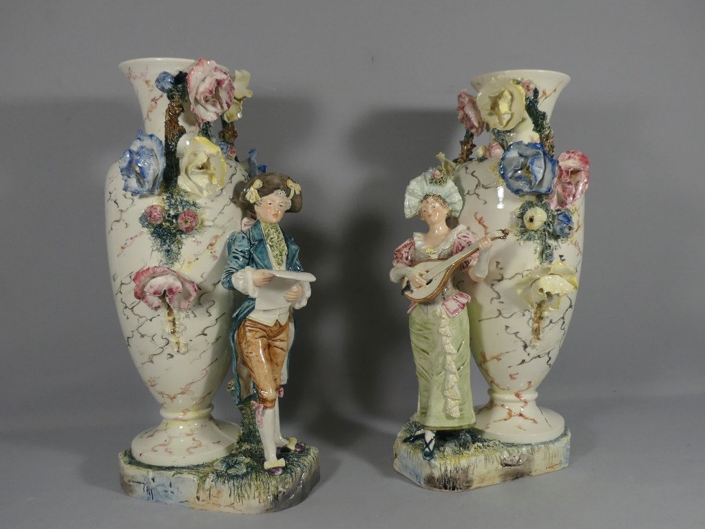 Italy Circa 1900, Pair Of Ceramic Vases Gallant Couple Musician And Flowers In Relief-photo-2