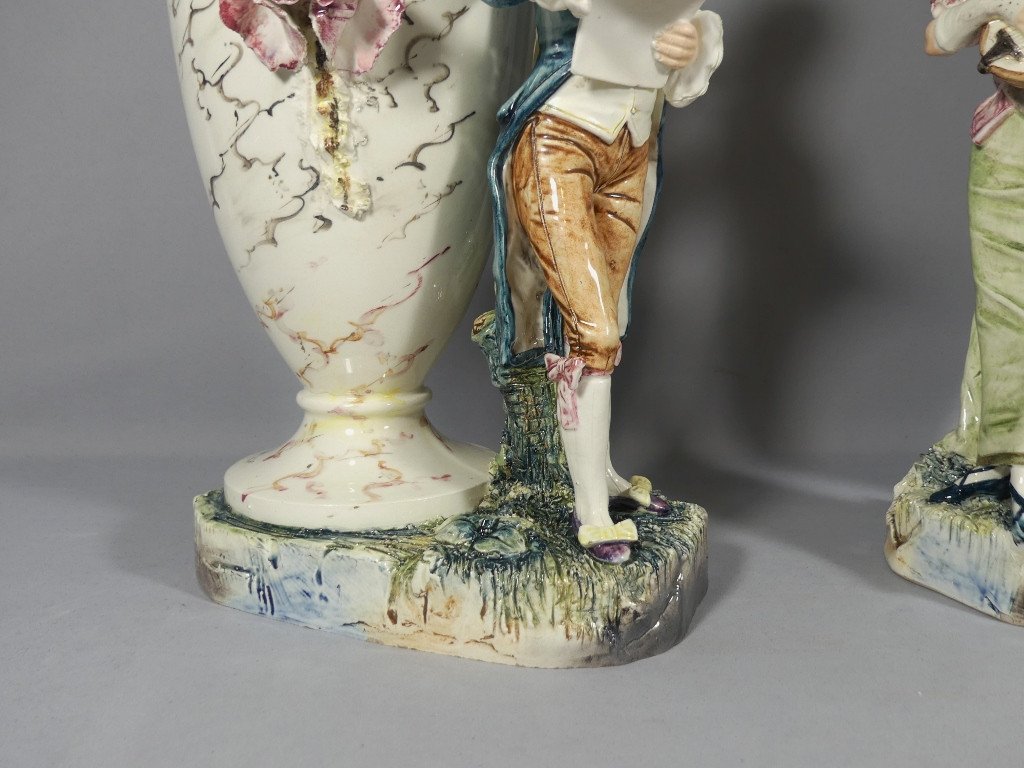 Italy Circa 1900, Pair Of Ceramic Vases Gallant Couple Musician And Flowers In Relief-photo-3