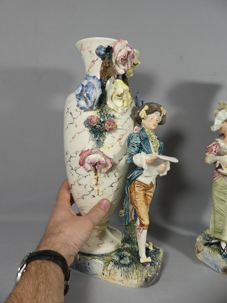 Italy Circa 1900, Pair Of Ceramic Vases Gallant Couple Musician And Flowers In Relief-photo-1