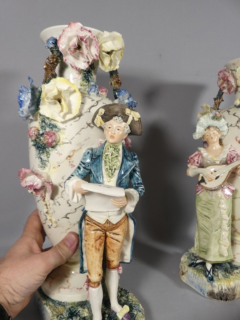 Italy Circa 1900, Pair Of Ceramic Vases Gallant Couple Musician And Flowers In Relief-photo-2