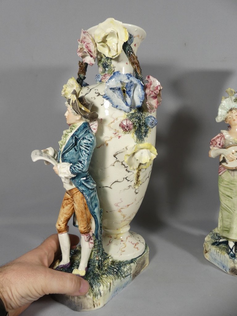 Italy Circa 1900, Pair Of Ceramic Vases Gallant Couple Musician And Flowers In Relief-photo-3