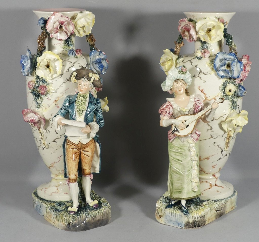 Italy Circa 1900, Pair Of Ceramic Vases Gallant Couple Musician And Flowers In Relief