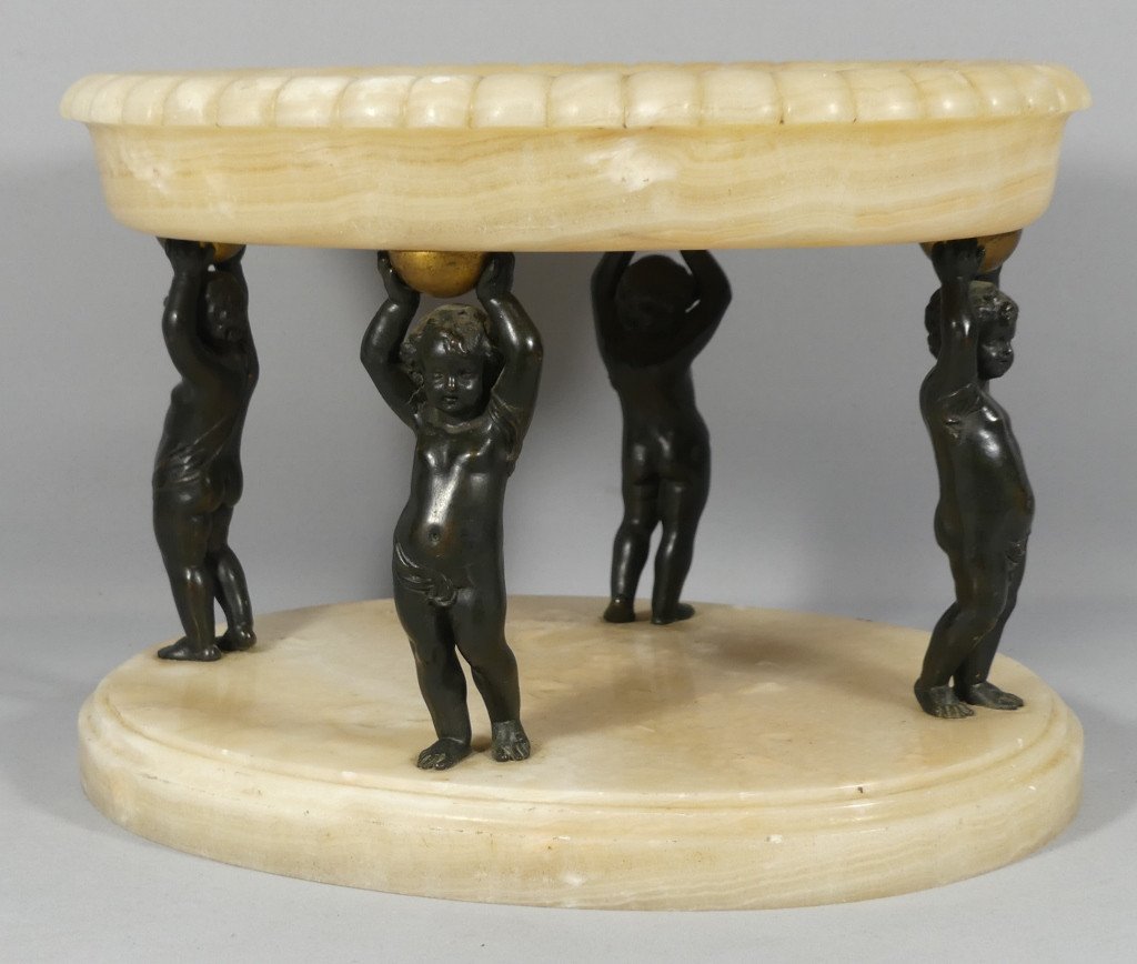 Centre De Table, Coupe En Albâtre Veiné Et Putti En Bronze Patiné, époque Napoléon III, XIX ème-photo-2