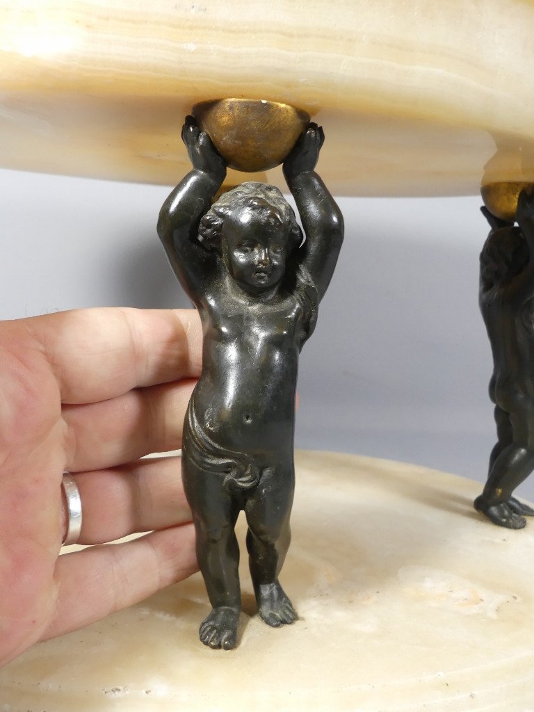 Centre De Table, Coupe En Albâtre Veiné Et Putti En Bronze Patiné, époque Napoléon III, XIX ème-photo-4