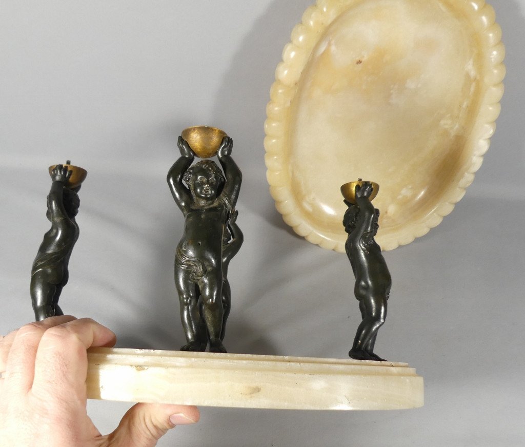 Centre De Table, Coupe En Albâtre Veiné Et Putti En Bronze Patiné, époque Napoléon III, XIX ème-photo-8