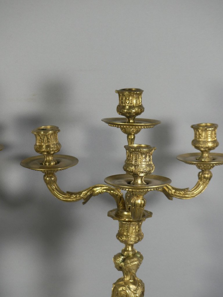 d'Après Jean-démosthène Dugourc, Paire De Chandeliers En Bronze Doré Aux Cariatides, XIX è -photo-4