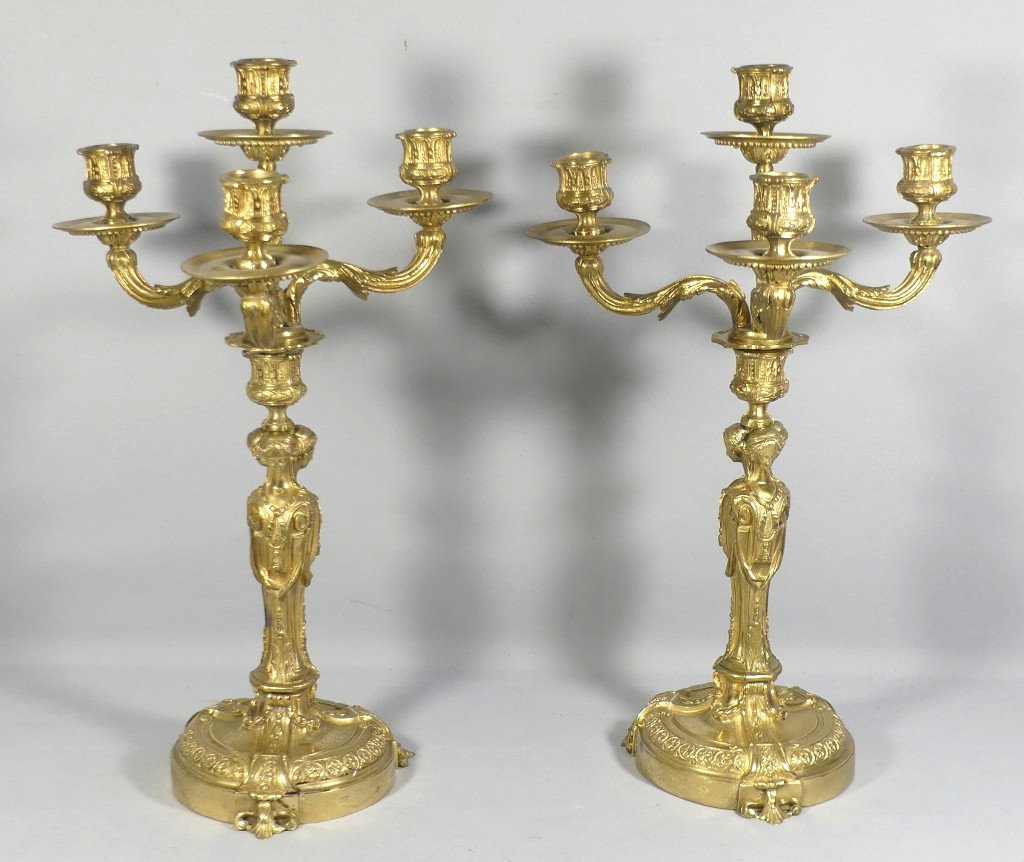 d'Après Jean-démosthène Dugourc, Paire De Chandeliers En Bronze Doré Aux Cariatides, XIX è 