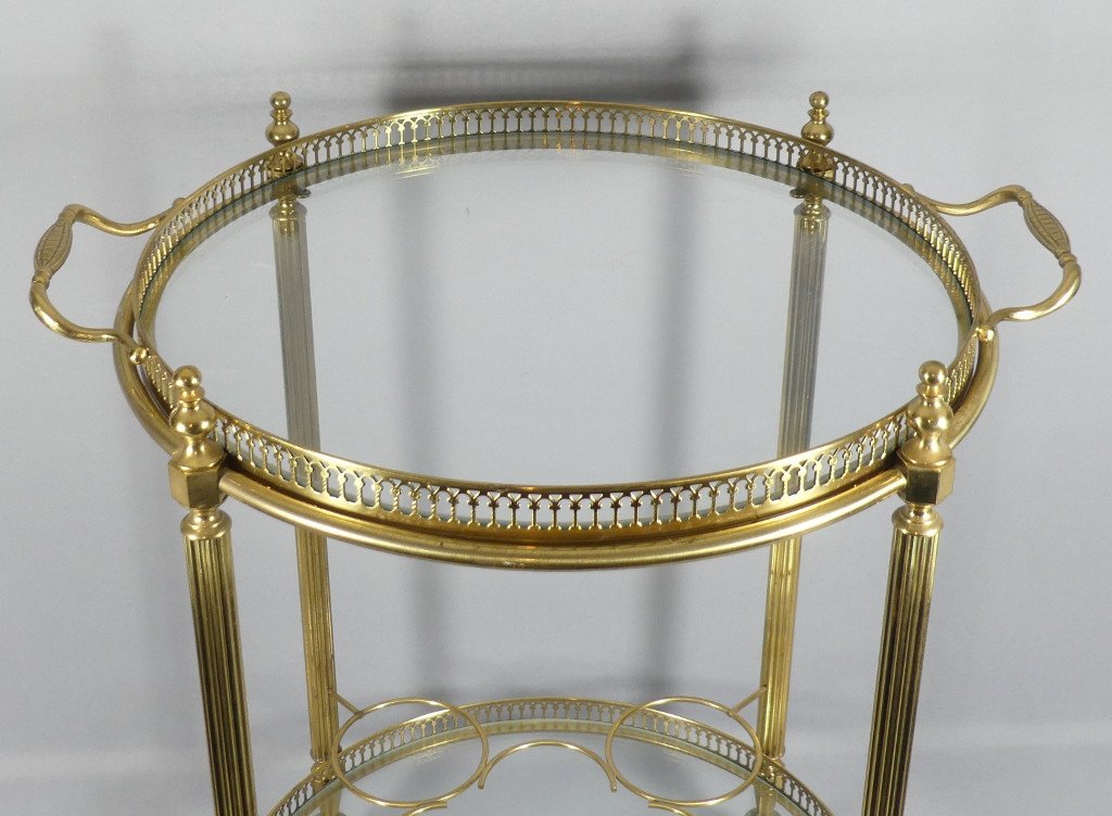 Trolley, Serving Cart, Rolling Bar In Brass And Glass, Round Shape, Jansen, Baguès, 1960s-photo-2