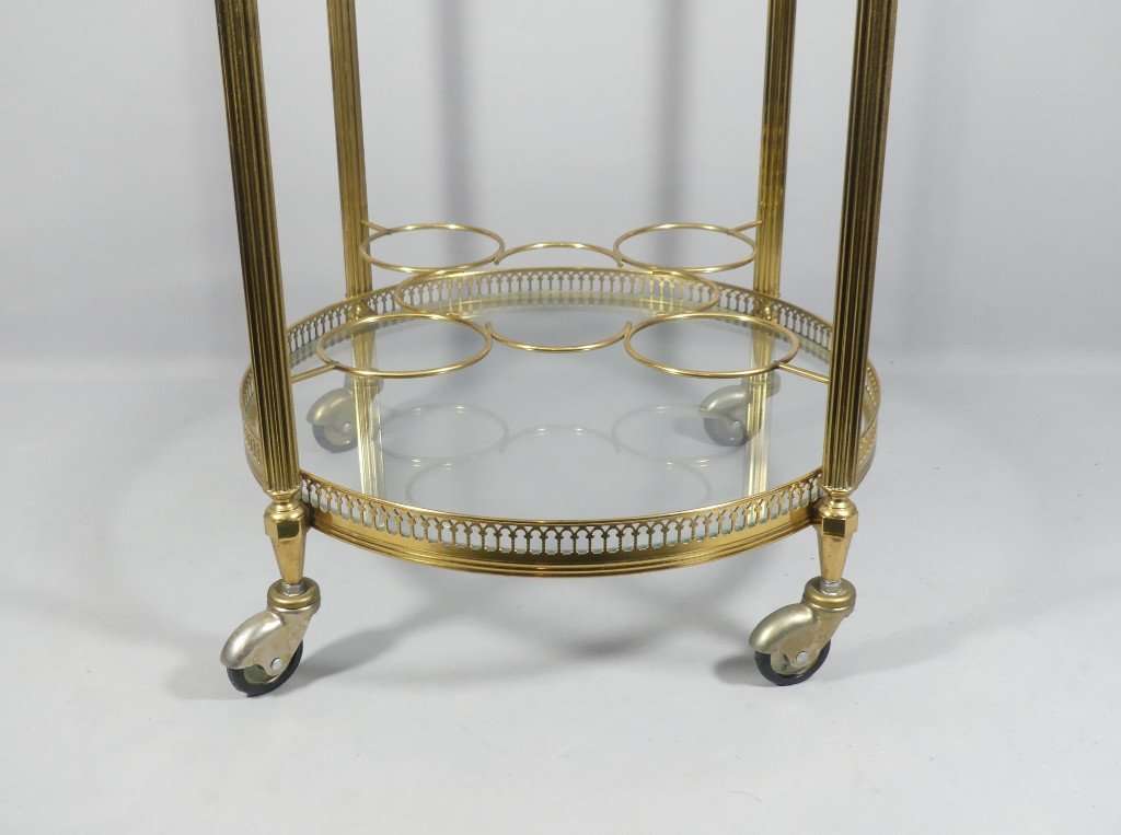 Trolley, Serving Cart, Rolling Bar In Brass And Glass, Round Shape, Jansen, Baguès, 1960s-photo-3