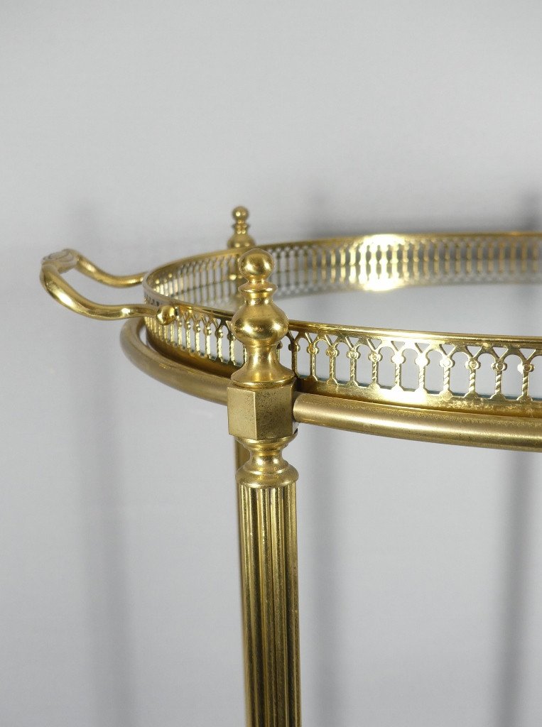 Trolley, Serving Cart, Rolling Bar In Brass And Glass, Round Shape, Jansen, Baguès, 1960s-photo-4