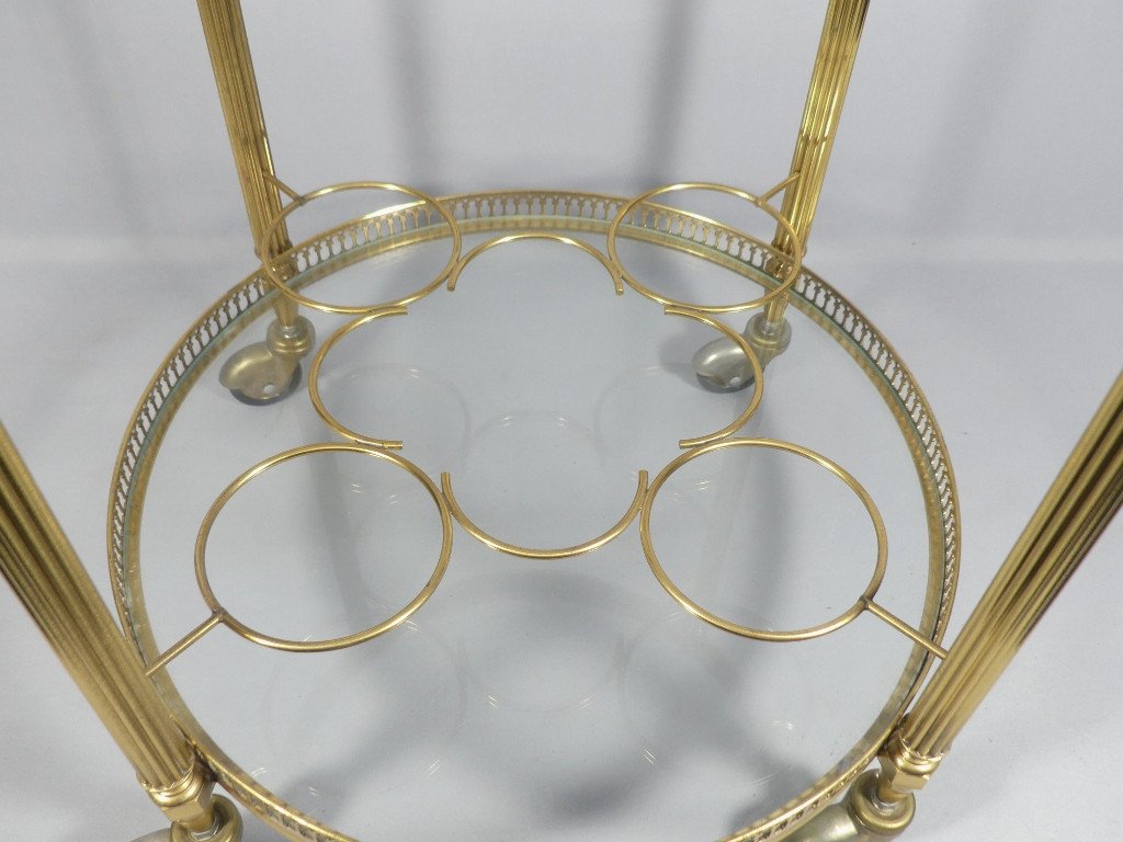 Trolley, Serving Cart, Rolling Bar In Brass And Glass, Round Shape, Jansen, Baguès, 1960s-photo-3