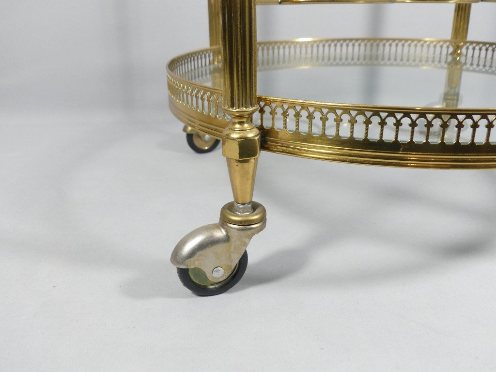 Trolley, Serving Cart, Rolling Bar In Brass And Glass, Round Shape, Jansen, Baguès, 1960s-photo-4