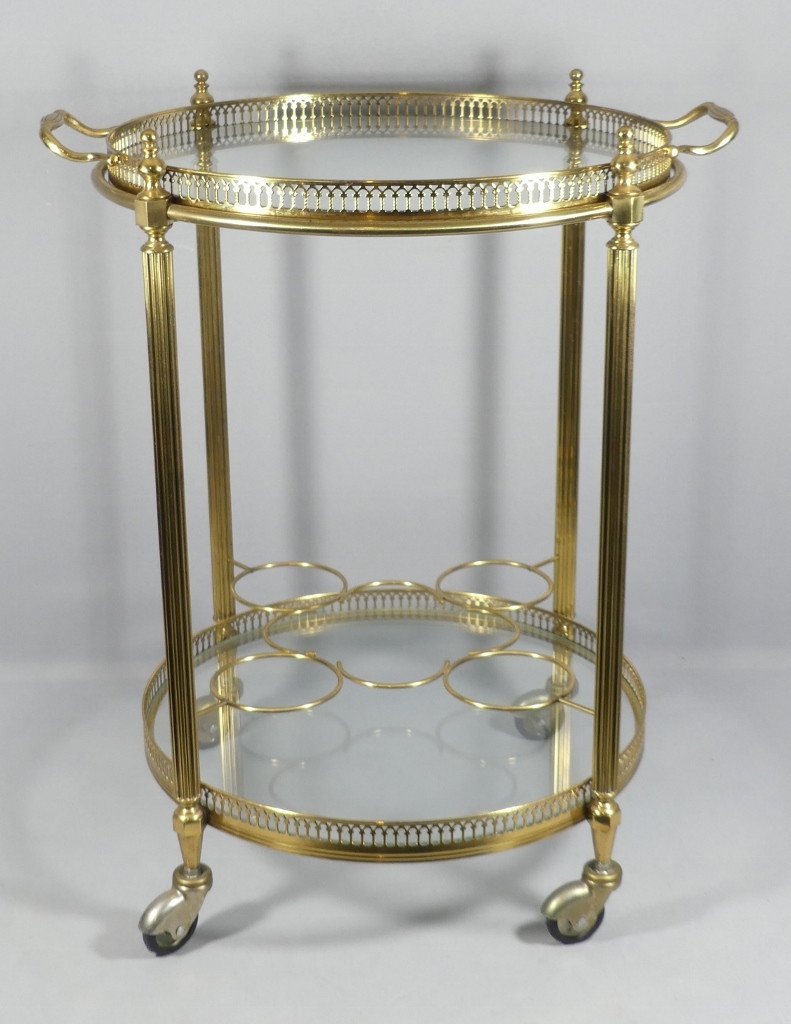 Trolley, Serving Cart, Rolling Bar In Brass And Glass, Round Shape, Jansen, Baguès, 1960s