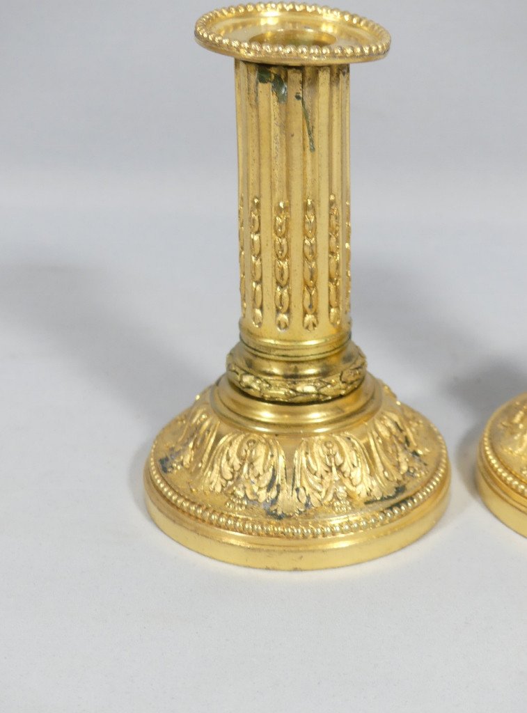 Pair Of Louis XVI Style Gilt Bronze Candlesticks, 19th Century-photo-2