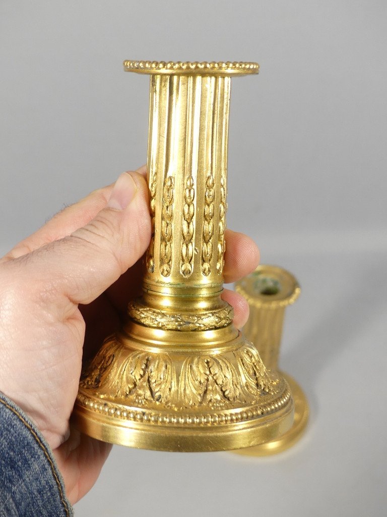 Pair Of Louis XVI Style Gilt Bronze Candlesticks, 19th Century-photo-3