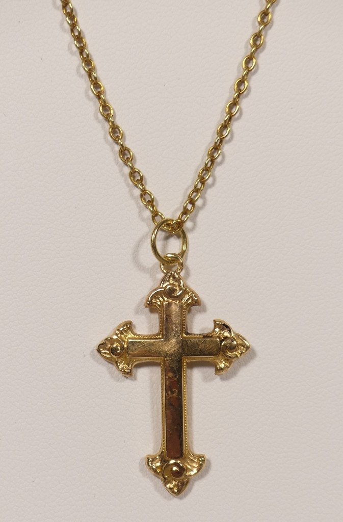 Fleur De Lys Cross Pendant And Its Chain In 18 Carat Solid Gold, Mid-20th Century-photo-3