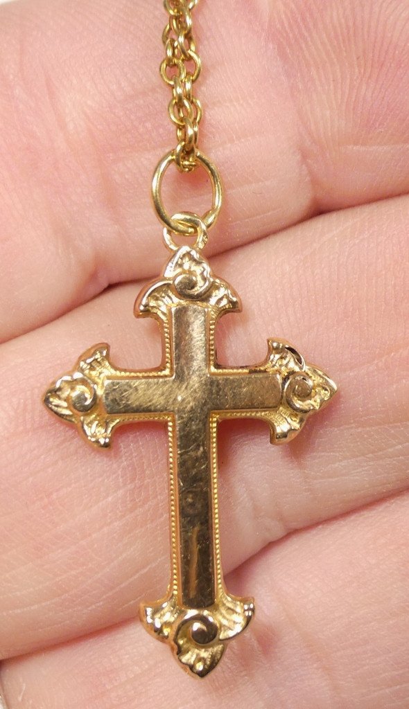 Fleur De Lys Cross Pendant And Its Chain In 18 Carat Solid Gold, Mid-20th Century-photo-4