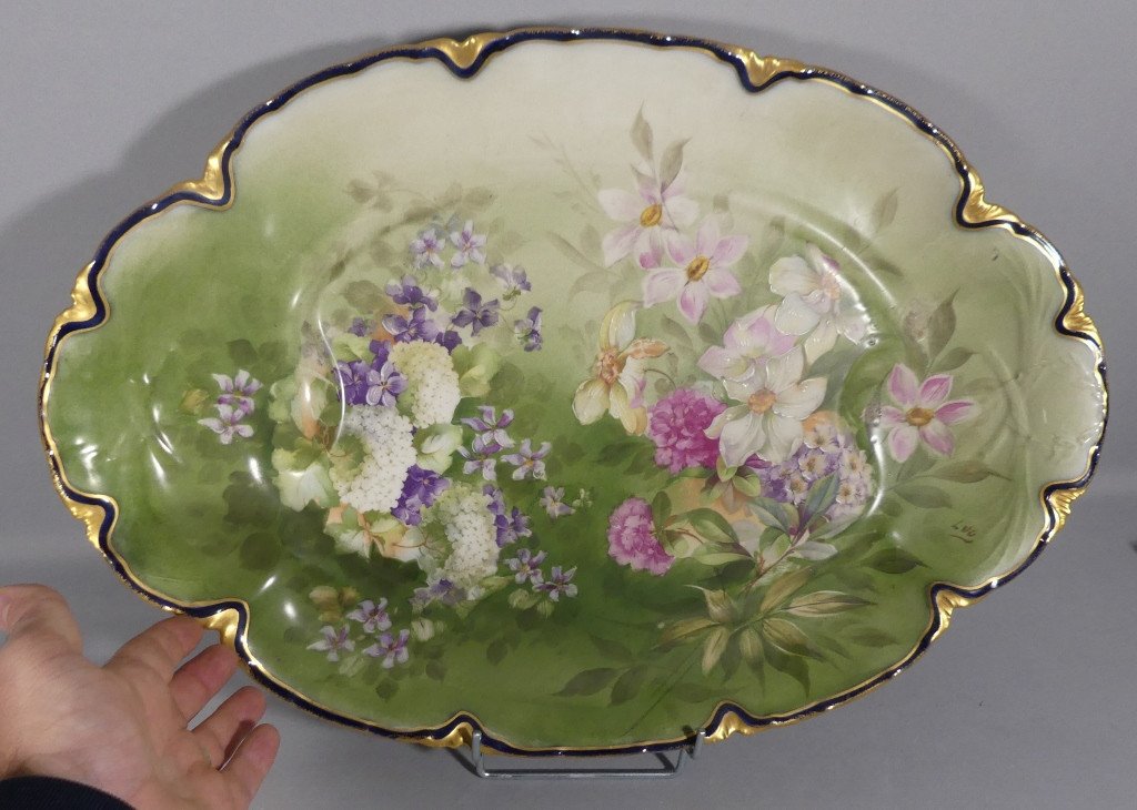 Large Limoges Porcelain Flower Dish, Haviland Guérin, 19th Century-photo-2