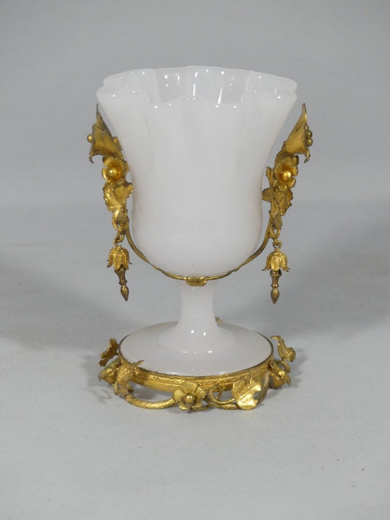 Small White Opaline Vase With Brass Frame And Flowers, Vines And Bells, 19th Century