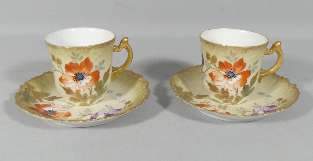 Paire De Tasses De Collection Aux Pavots En Porcelaine De Limoges époque 1920