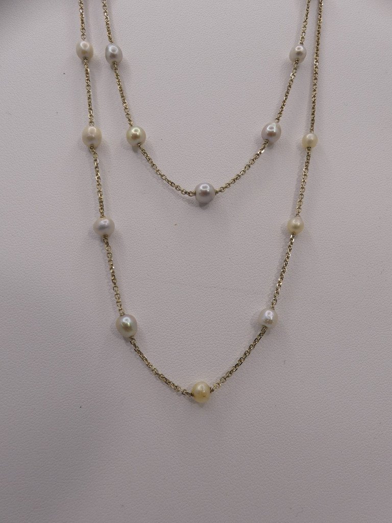 White Gold And Pearl Necklace With Two Sliding Rows, Sautoir Style, Circa 1960-photo-2