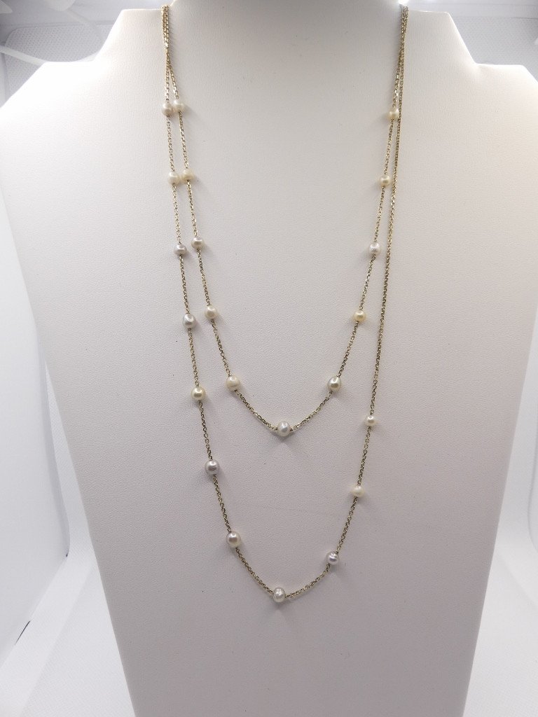 White Gold And Pearl Necklace With Two Sliding Rows, Sautoir Style, Circa 1960-photo-3