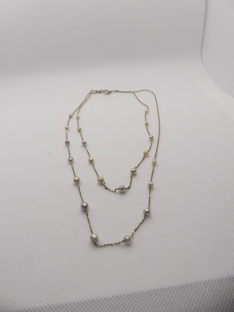 White Gold And Pearl Necklace With Two Sliding Rows, Sautoir Style, Circa 1960-photo-4