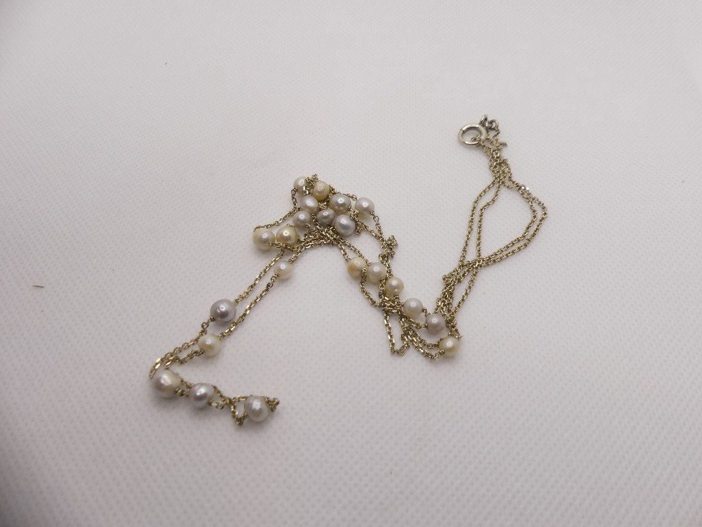 White Gold And Pearl Necklace With Two Sliding Rows, Sautoir Style, Circa 1960-photo-4