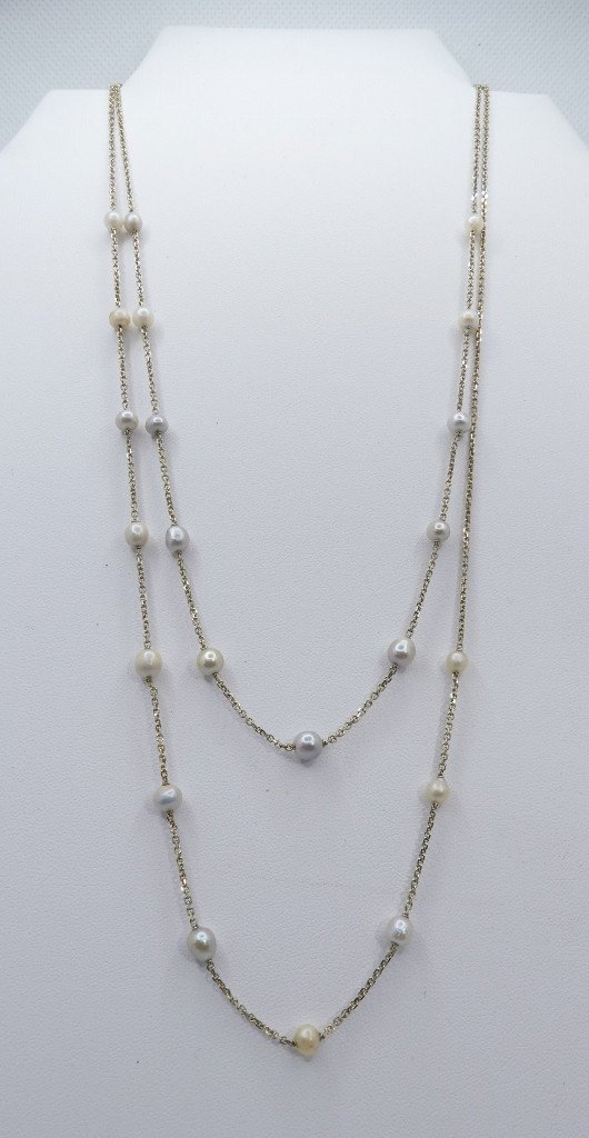 White Gold And Pearl Necklace With Two Sliding Rows, Sautoir Style, Circa 1960