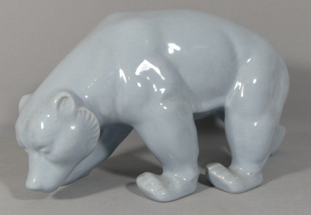 Ours Art Déco Statuette En Faïence Bleu Gris