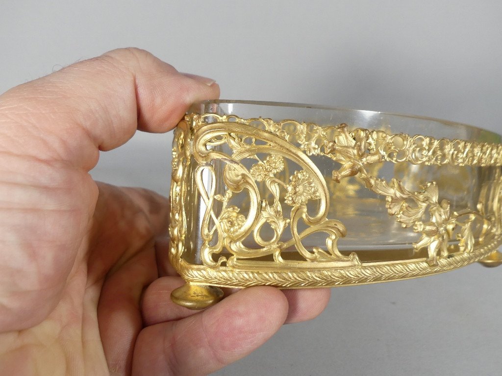 Art Nouveau Table Planter In Glass And Gilt Bronze With Foliage, 1900s-photo-3