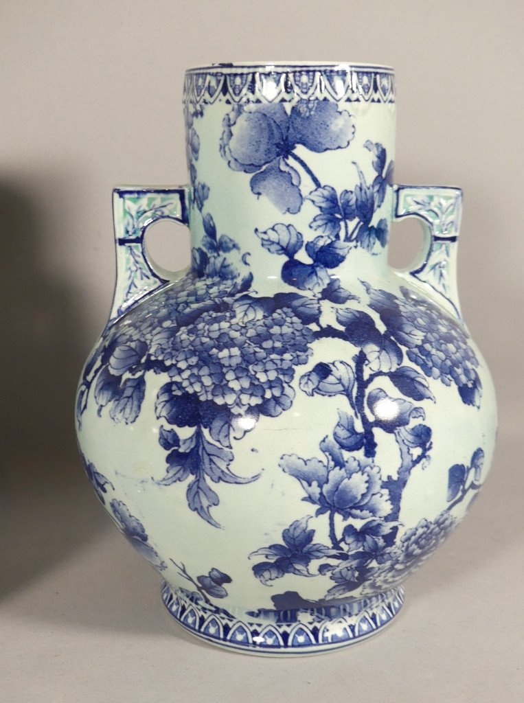 Pair Of Blue Hortensia Earthenware Vases In Asian Style, Late 19th Century-photo-2