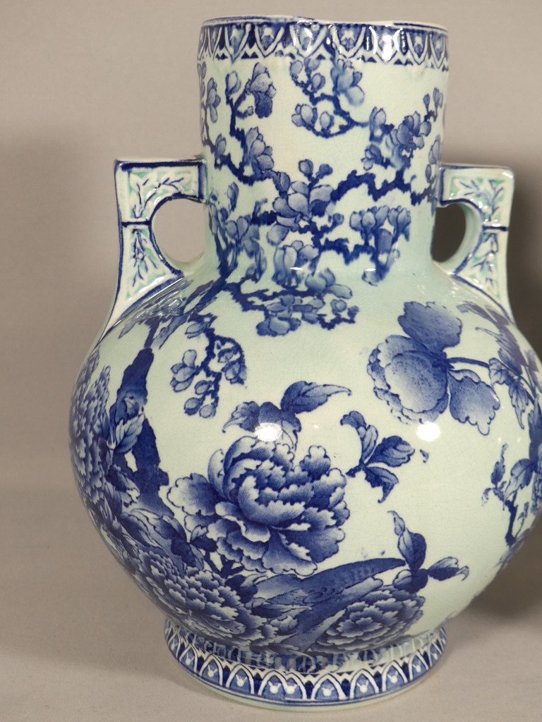 Pair Of Blue Hortensia Earthenware Vases In Asian Style, Late 19th Century-photo-3