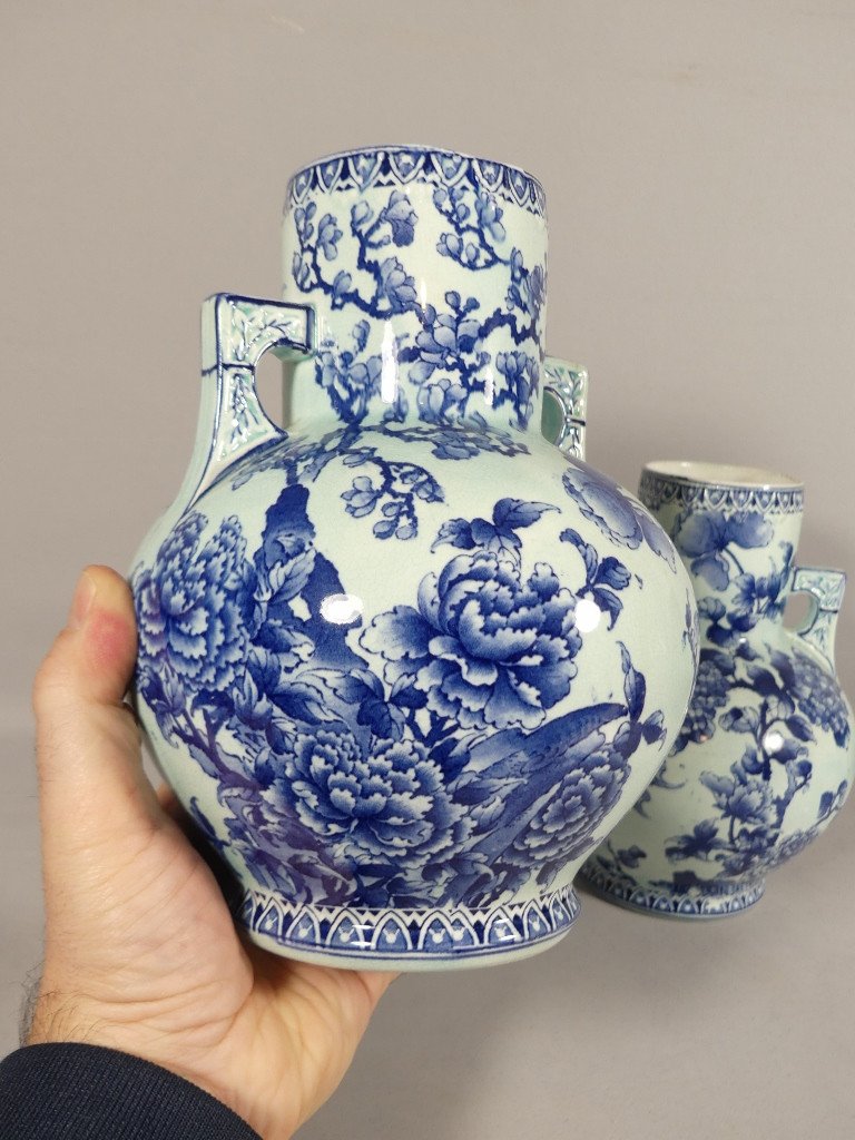 Paire De Vases En Faïence Bleu Hortensia Dans Le Goût Asiatique, époque Fin XIX ème-photo-4